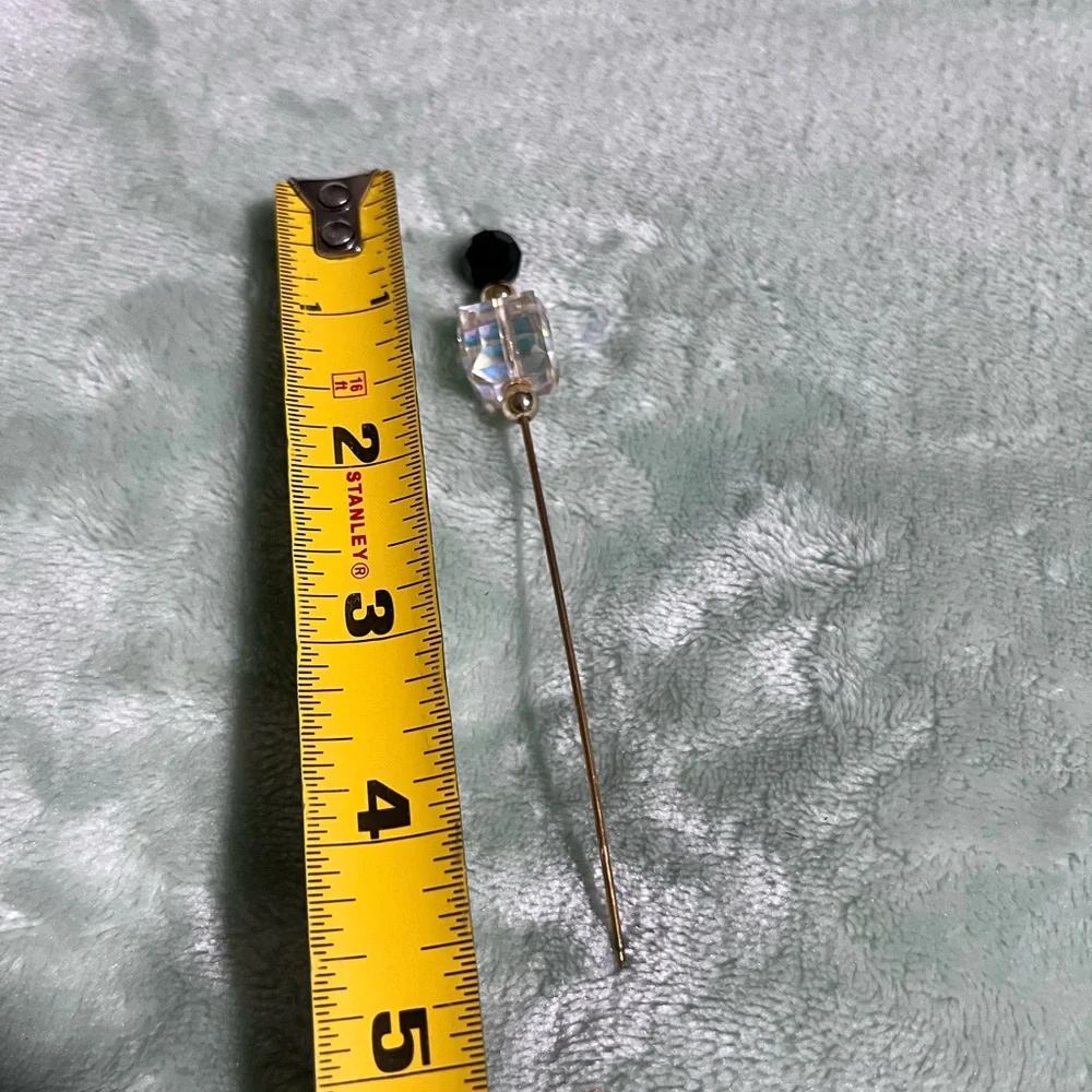 Vintage Iridescent Faceted Crystal Stick Pin Hat Pin Gold Tone 4” Black Bead
